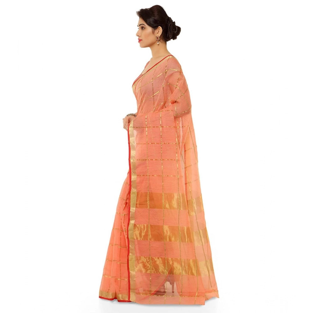 Women's Kota Doria Cotton Saree — Peach