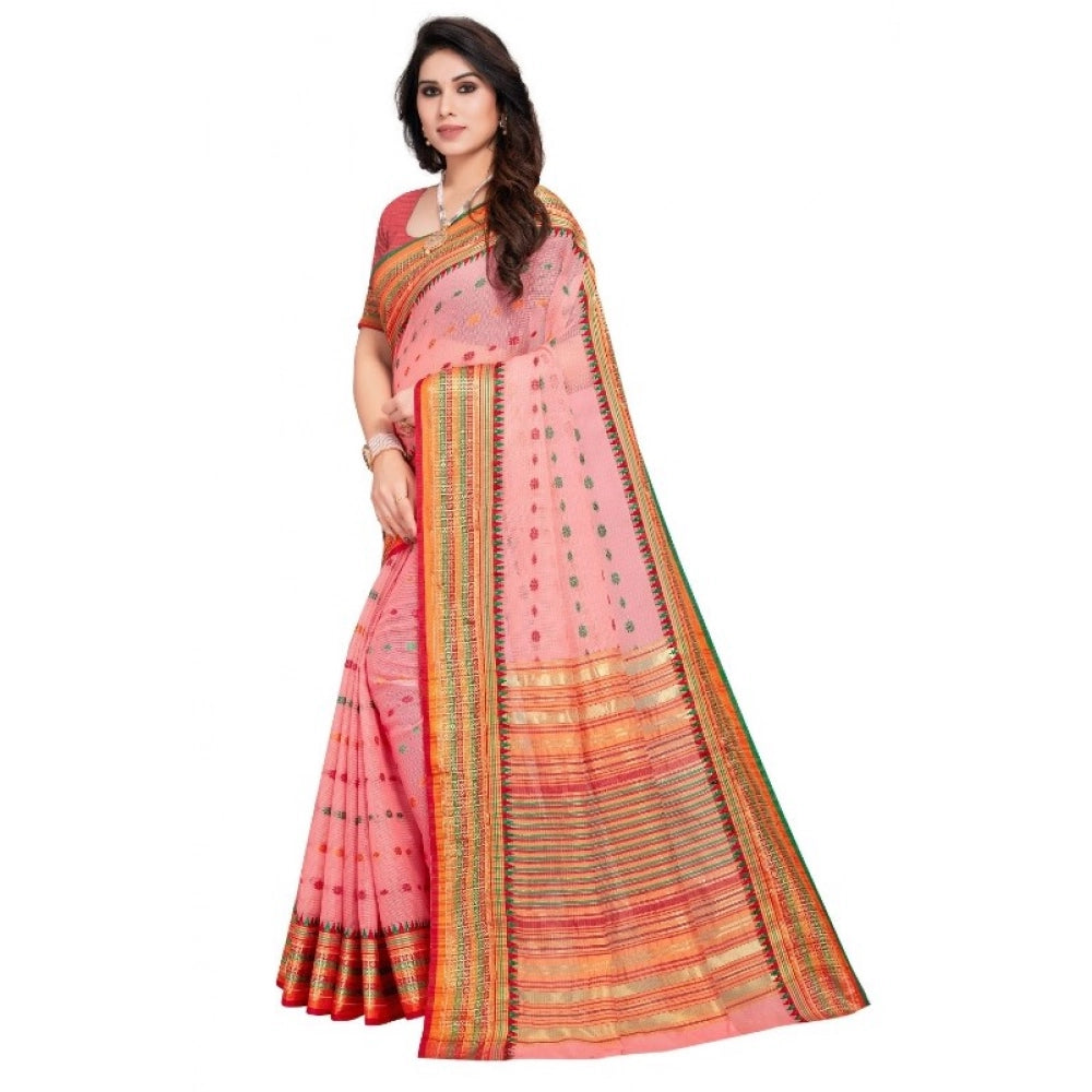Women's Kota Doria Cotton Woven Butta Saree — Pink