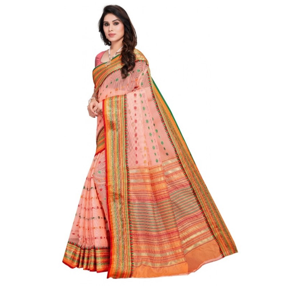 Women's Kota Doria Cotton Woven Butta Saree — Peach
