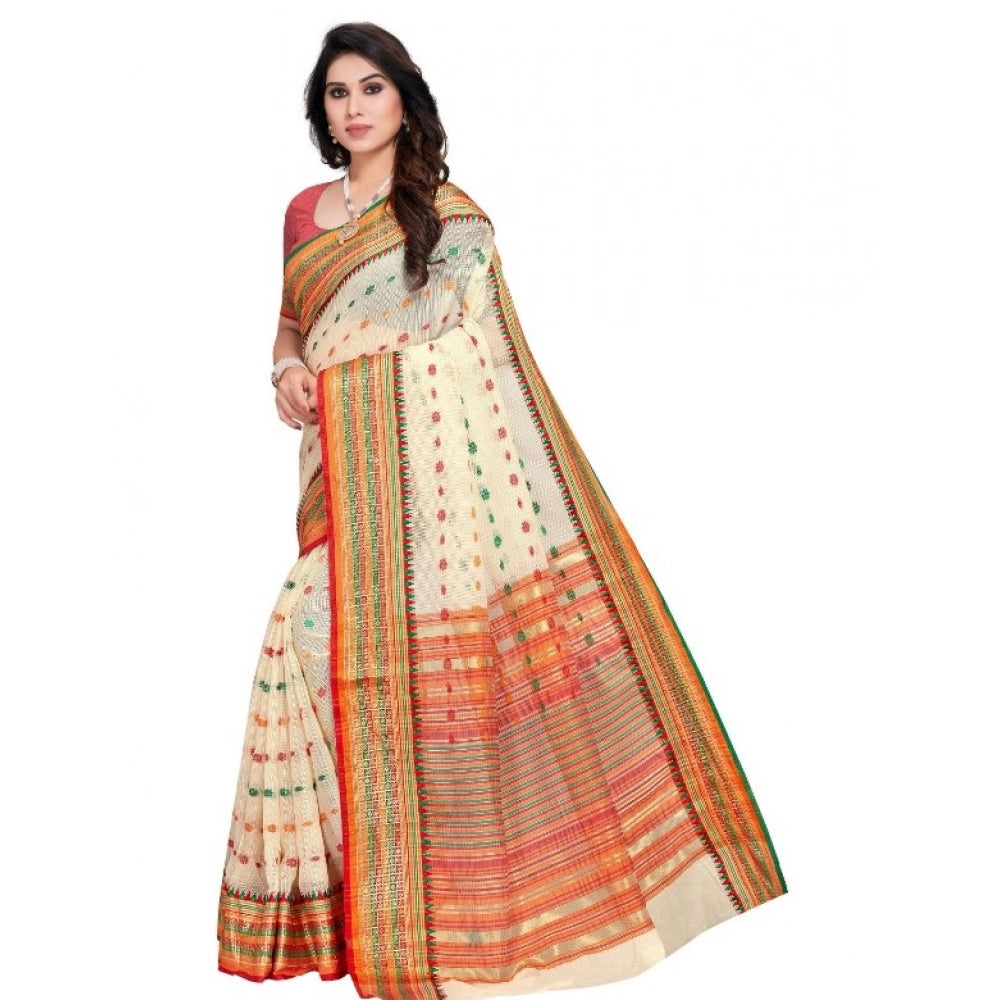 Women's Kota Doria Cotton Woven Butta Saree — Cream