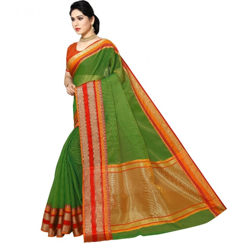 Women's Kota Doria Cotton Border Saree — Green