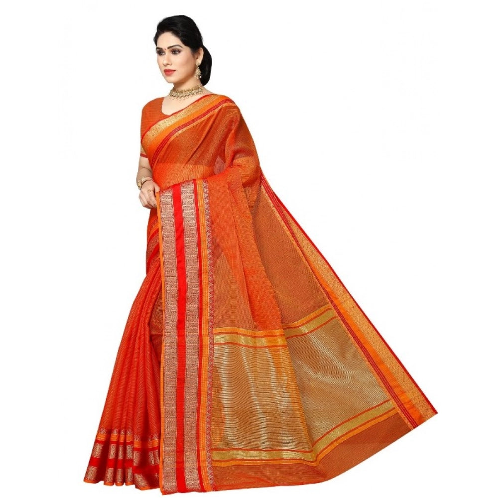 Women's Kota Doria Cotton Border Saree — Orange