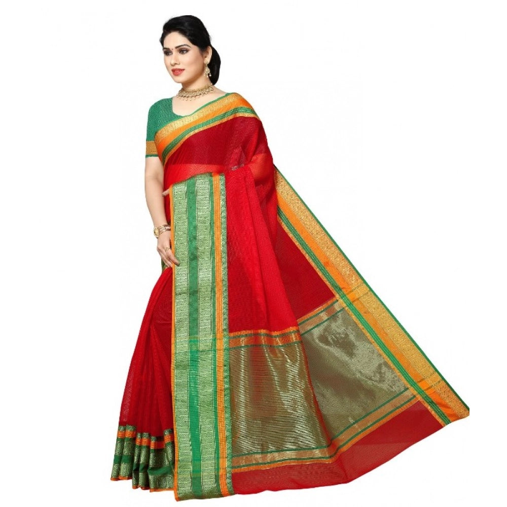 Women's Kota Doria Cotton Border Saree — Red