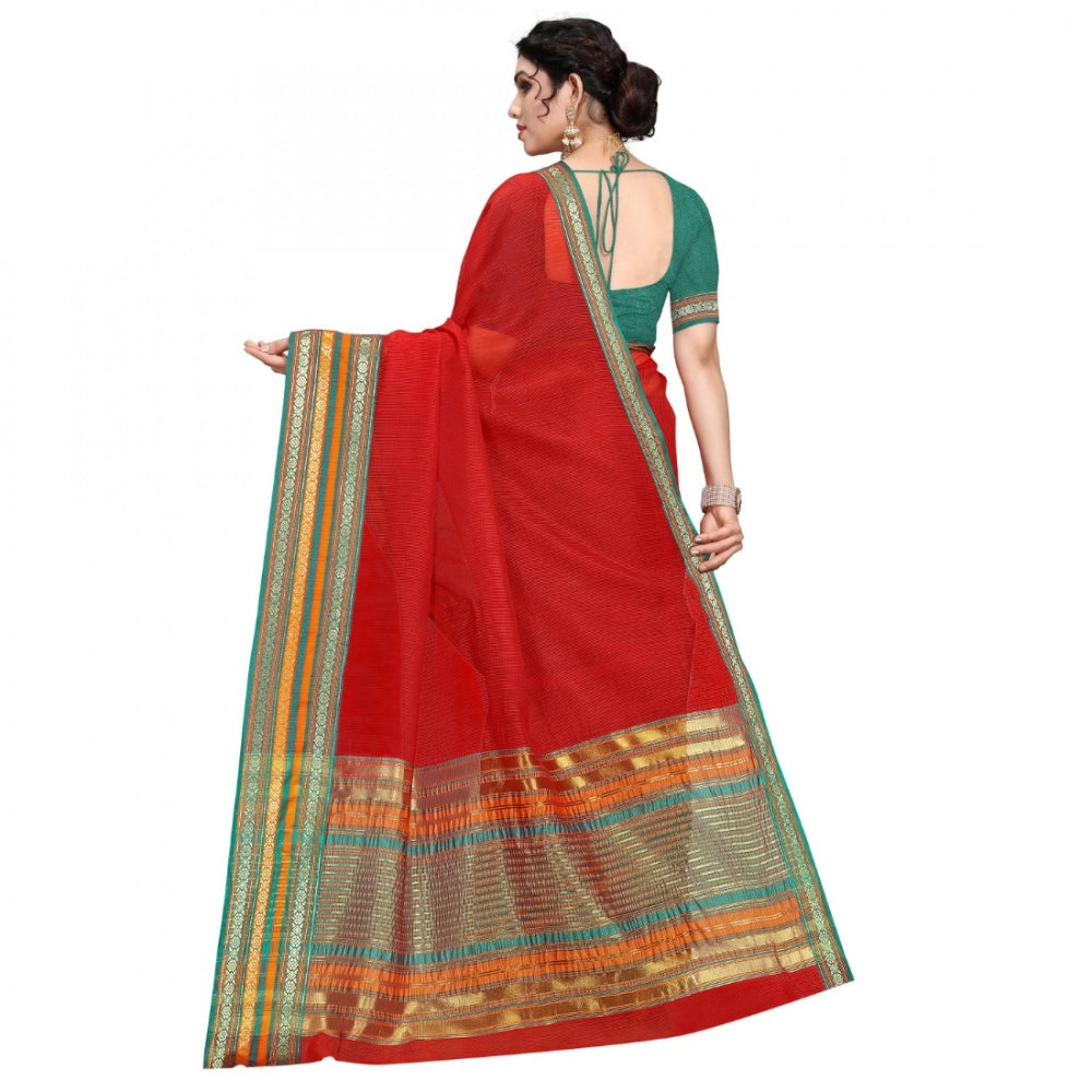 Women's Kota Doria Cotton Bordered Saree — Red