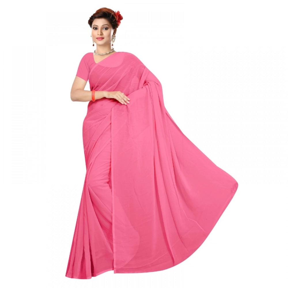 Women's Georgette Plain Saree — Pink · _701