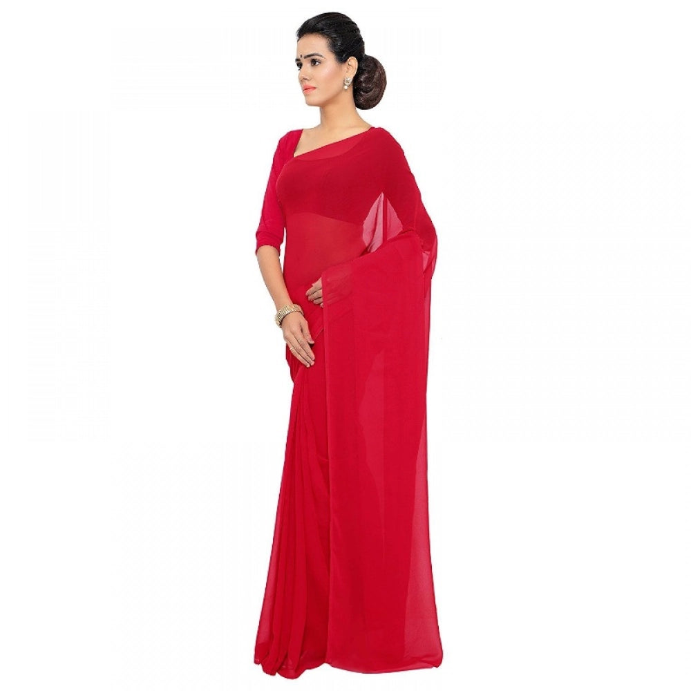 Women's Georgette Plain Saree — Red