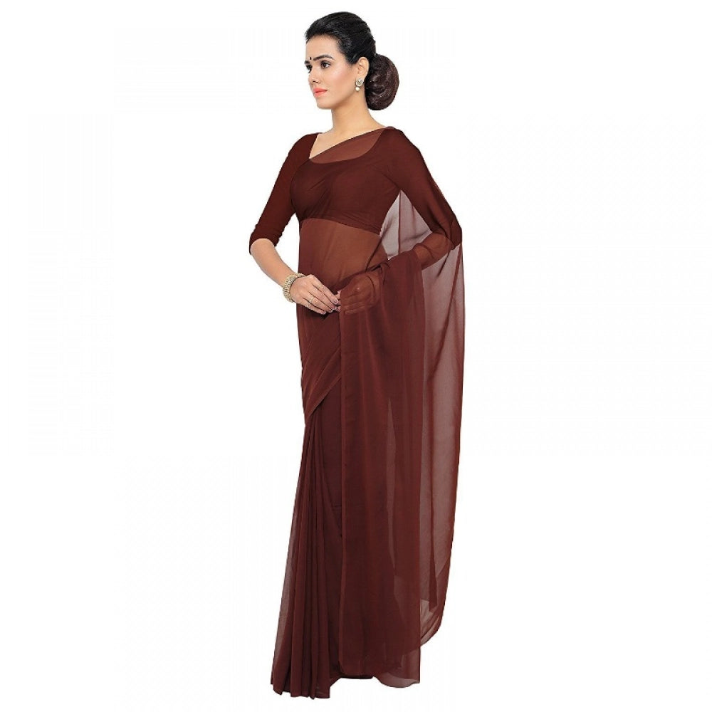 Women's Georgette Plain Saree — Coffee
