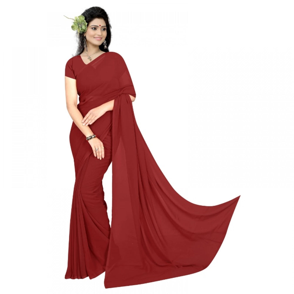 Women's Georgette Plain Saree — Maroon