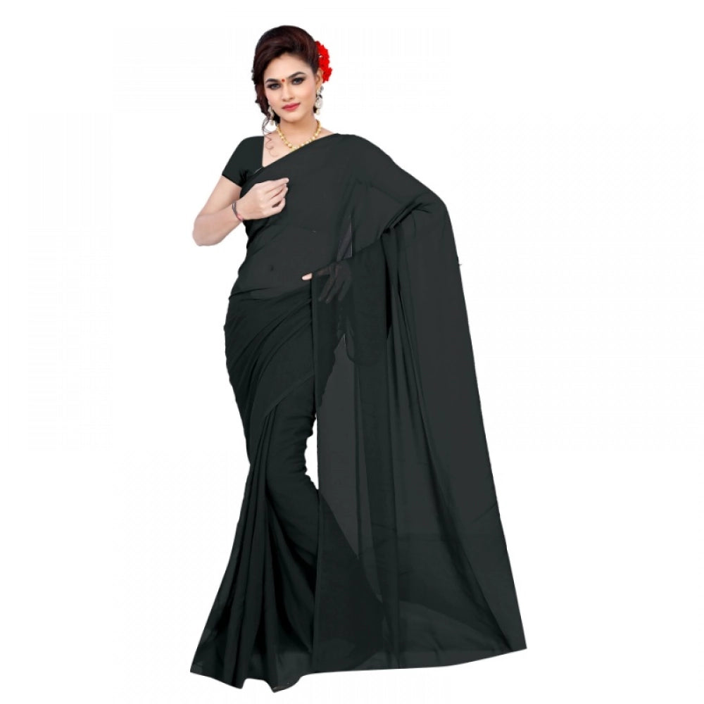 Women's Georgette Plain Saree — Black