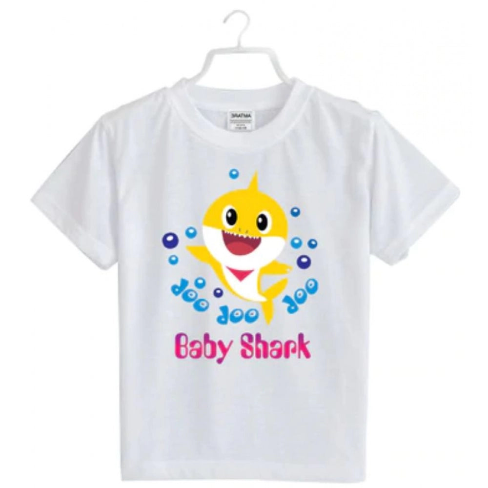 Girls Cotton Baby Shark Half Sleeve Tshirt — White