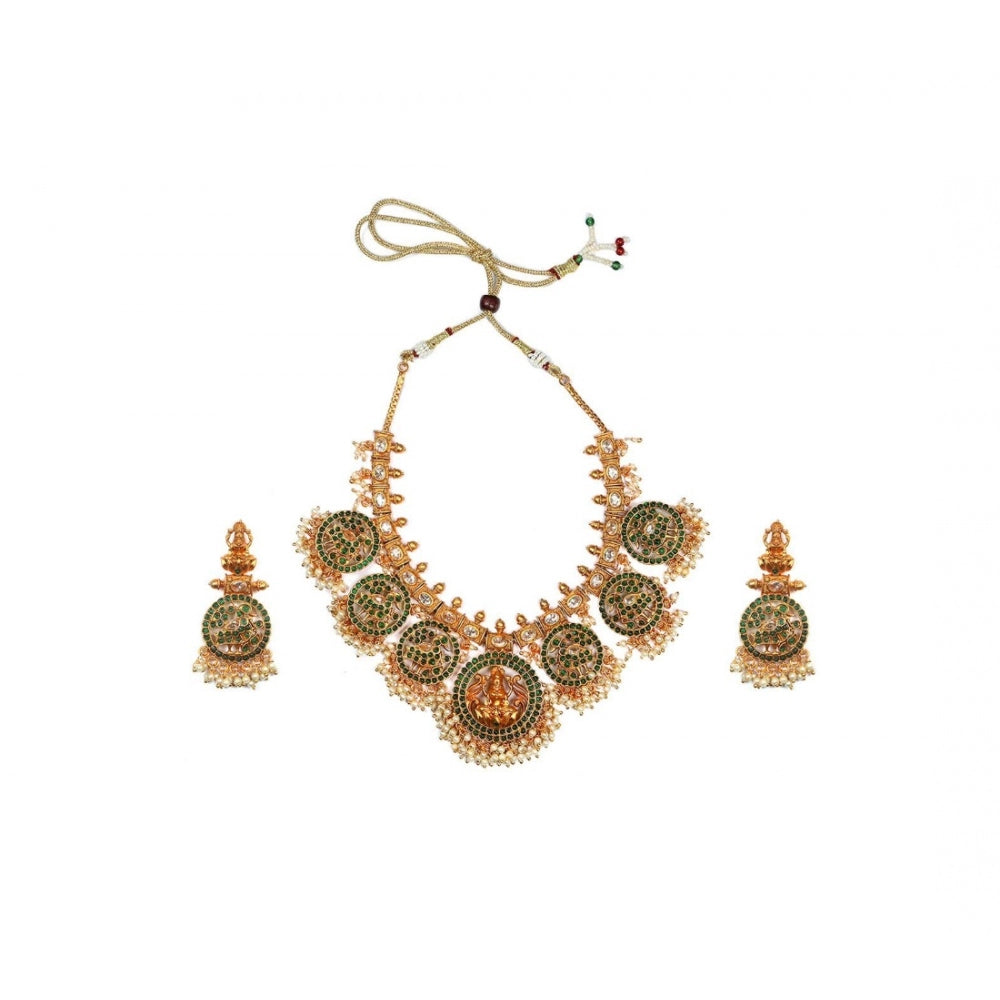 Women's Goddess Glamour Gold Plated Temple Necklace And Jhumka — Green