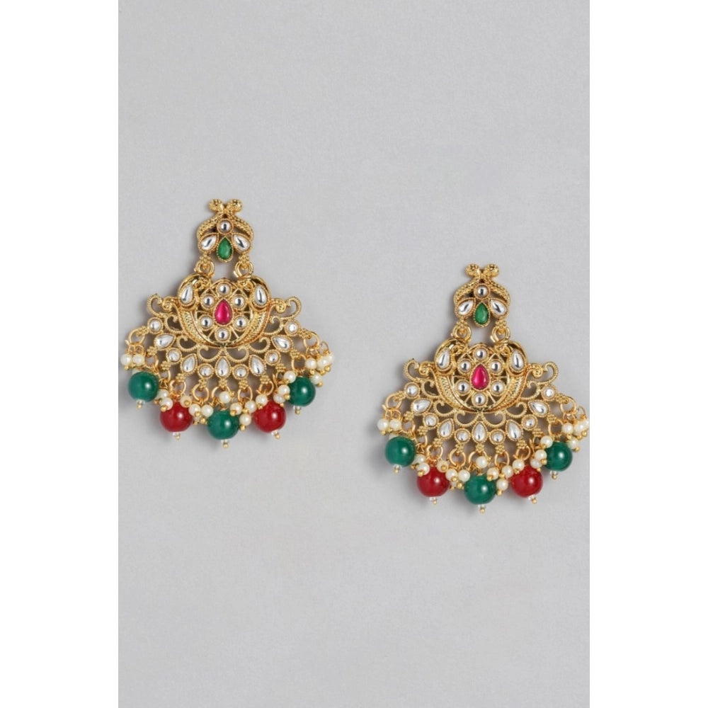 Women's Rose Gold Plated Alloy Kundan Earrings & Mangtikka — Red & Green · 0065