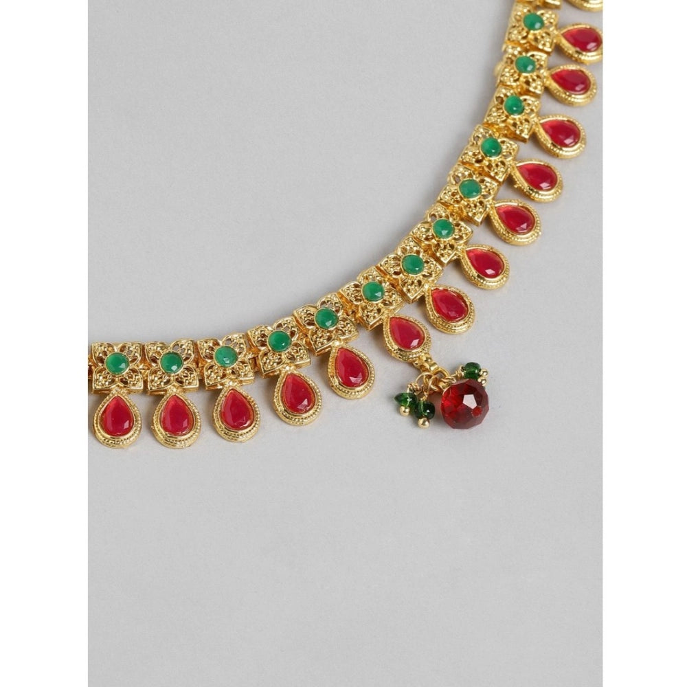 Women's Rose Gold Plated Alloy Necklace & Earings Set — Green & Red · 0203