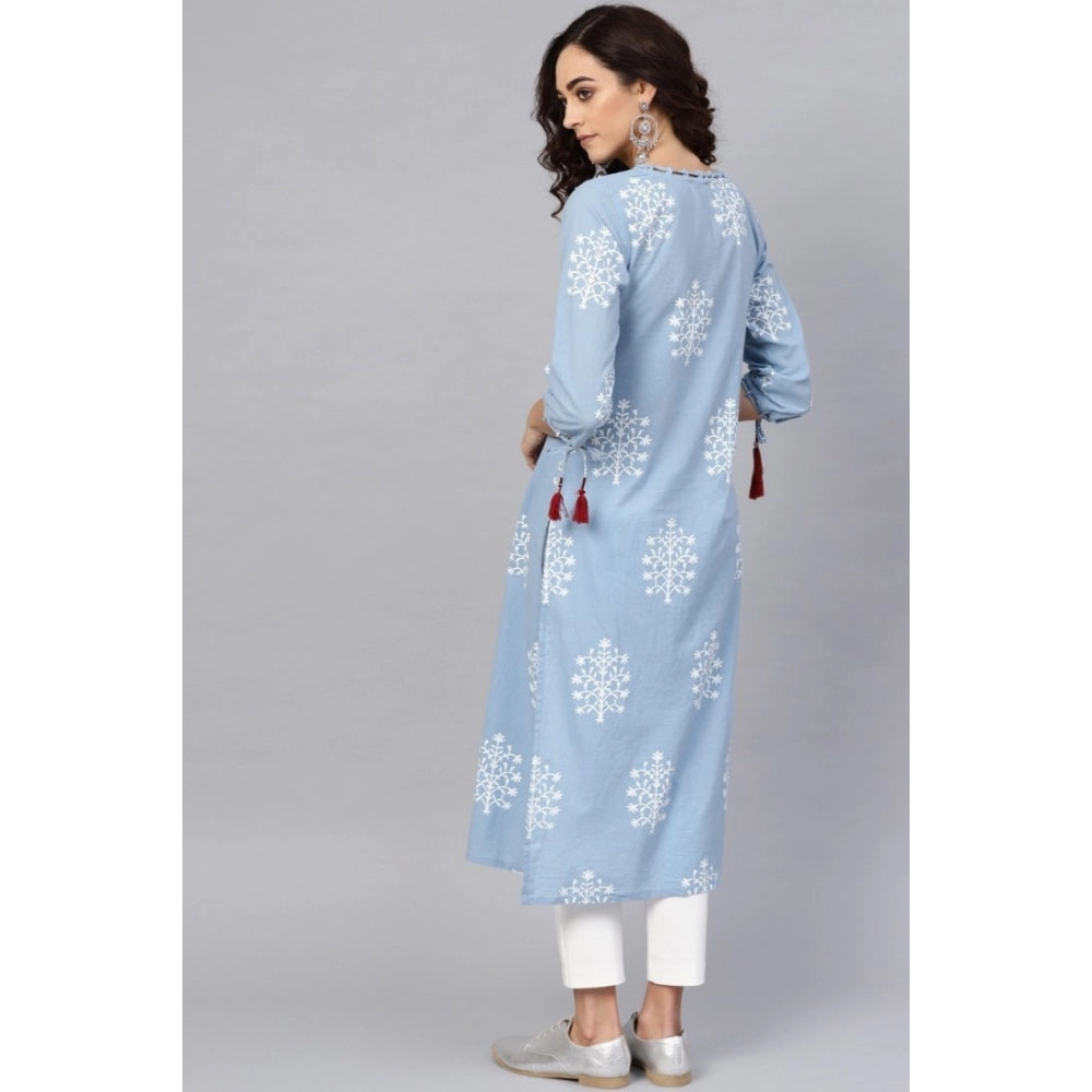 Women's Casual 3/4 Th Sleeve Embroidery Cambric Cotton Kurti — Blue