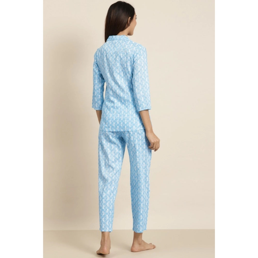 Women's Casual 3/4 Th Sleeve Floral Printed Rayon Shirt — Blue
