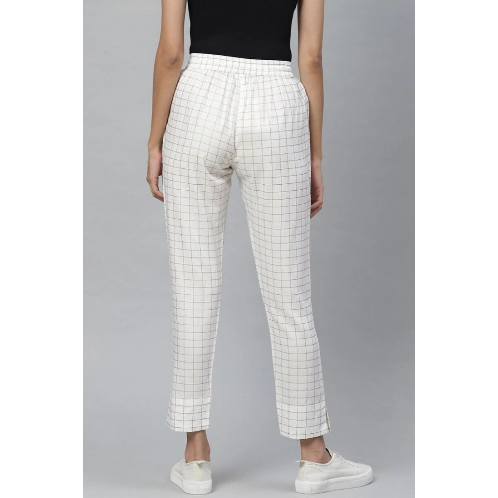 Women's Casual Checked Rayon Trouser Pant — White