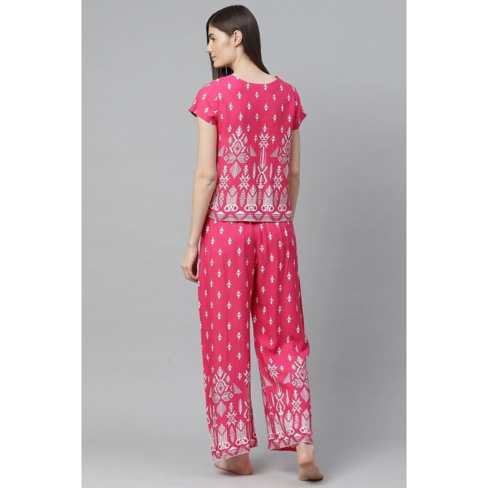 Women's Casual Short Sleeve Printed Rayon Pajama Set — Pink