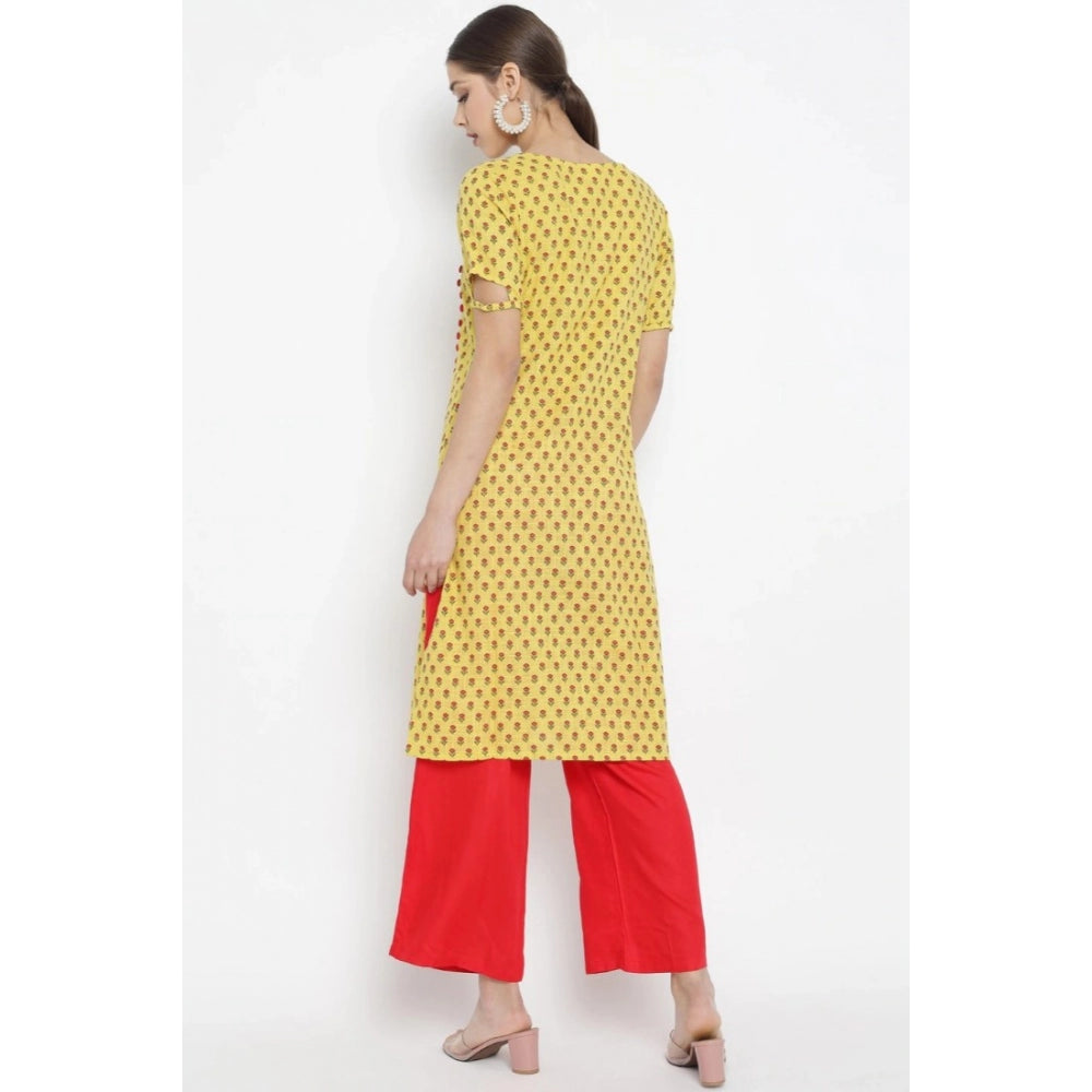 Women's Casual Short Sleeves Floral Printed Cotton & Rayon — Yellow & Red