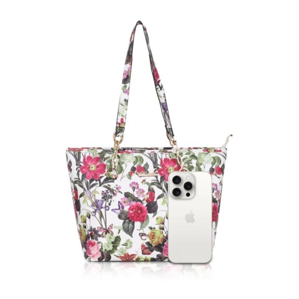 Women's Faux Leather Printed Tote Bag — White Pink