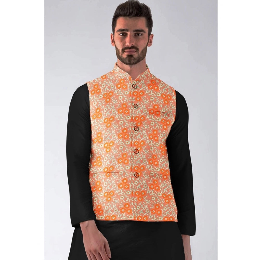 Men's Jacquard Printed Full Sleeve Waistcoat — Orange