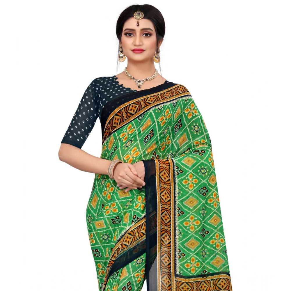 Women's Georgette Floral Print Saree — Light Green