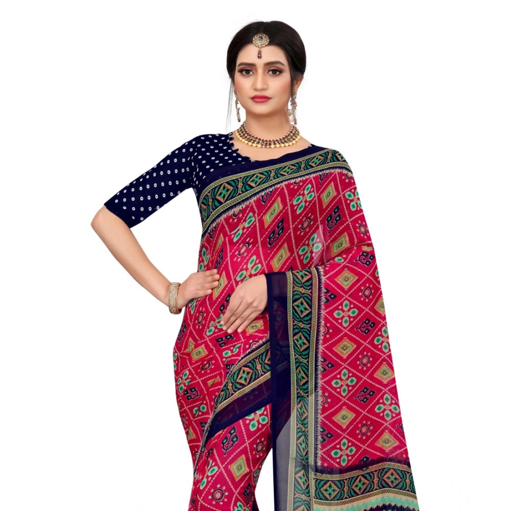 Women's Georgette Floral Print Saree — Pink