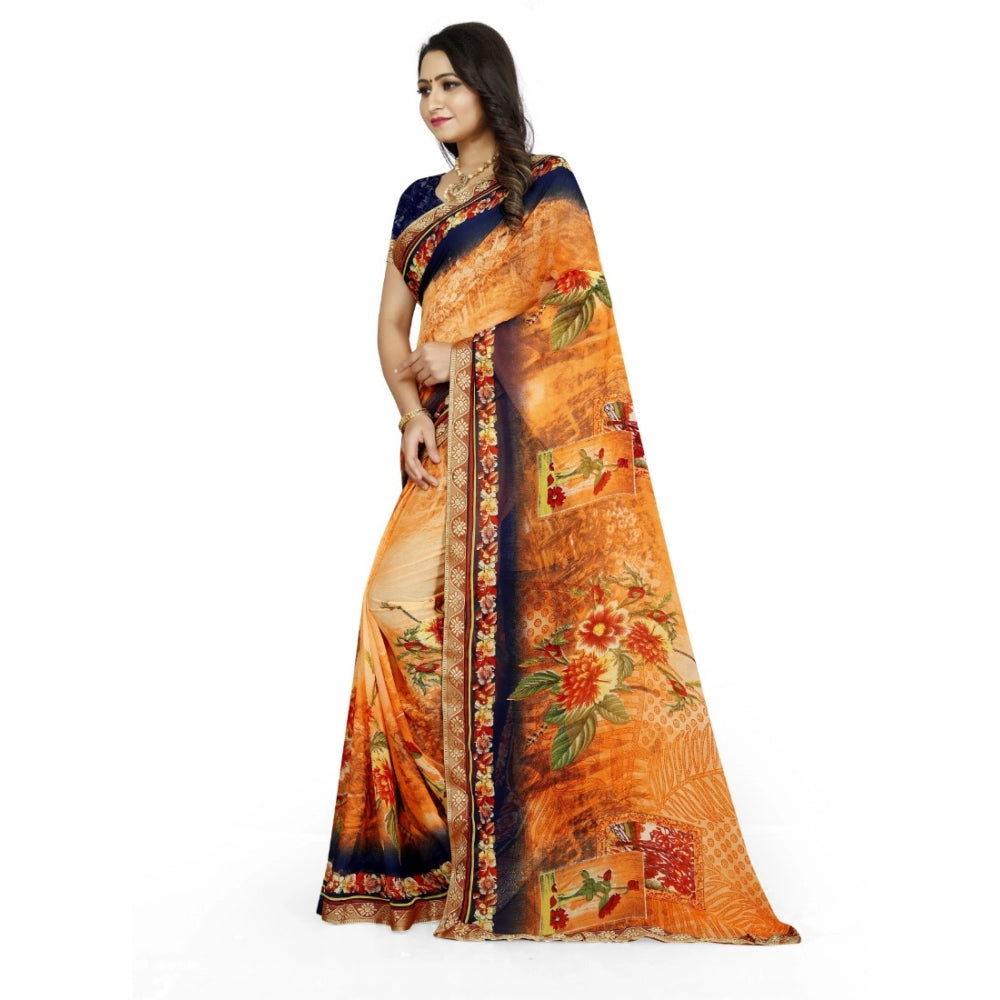 Women's Georgette Floral Print Saree — Blue-Orange
