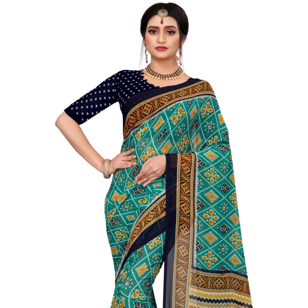Women's Georgette Floral Print Saree — Dark Green