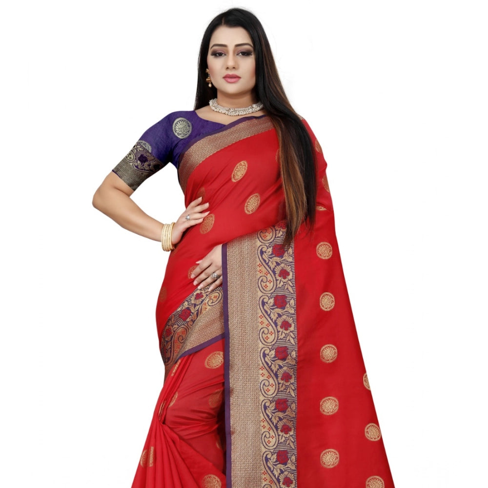 Women's Silk Blend Woven Saree — Red-Blue
