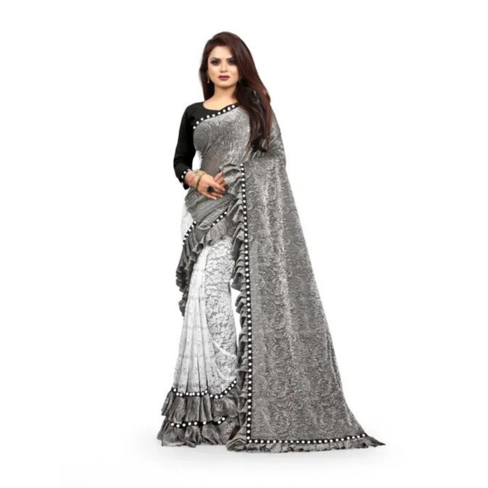 Women's Silk With Mirror Lace Solid Saree — Grey