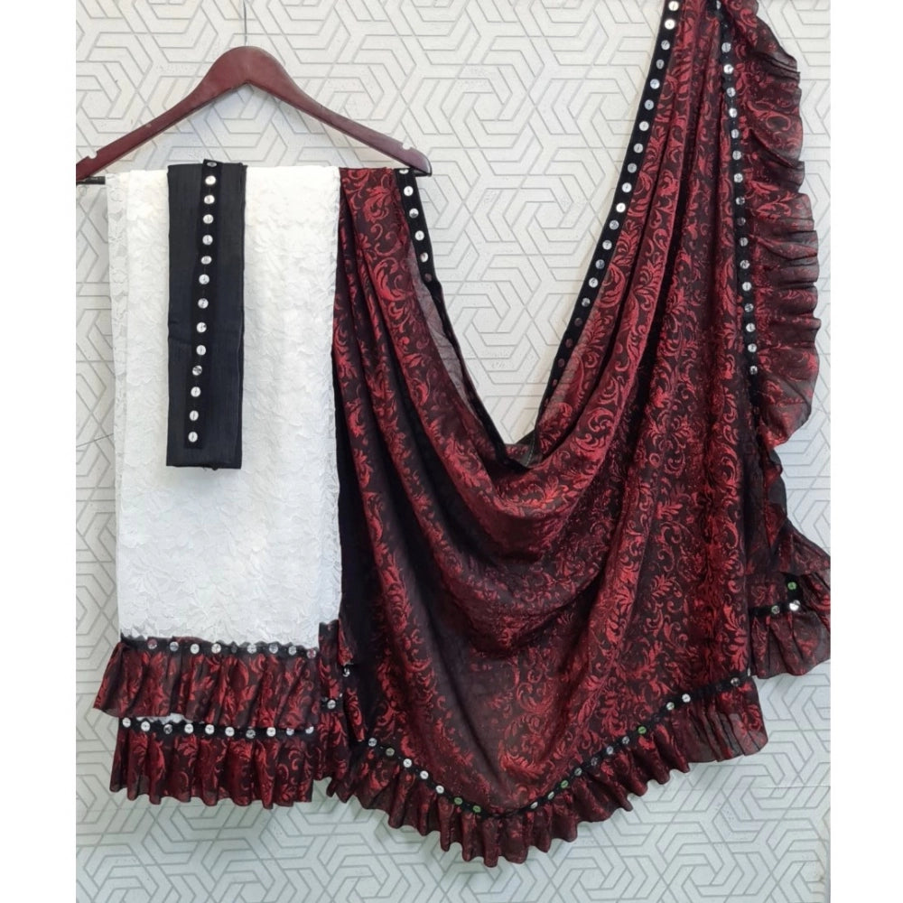 Women's Silk With Mirror Lace Solid Saree — Red