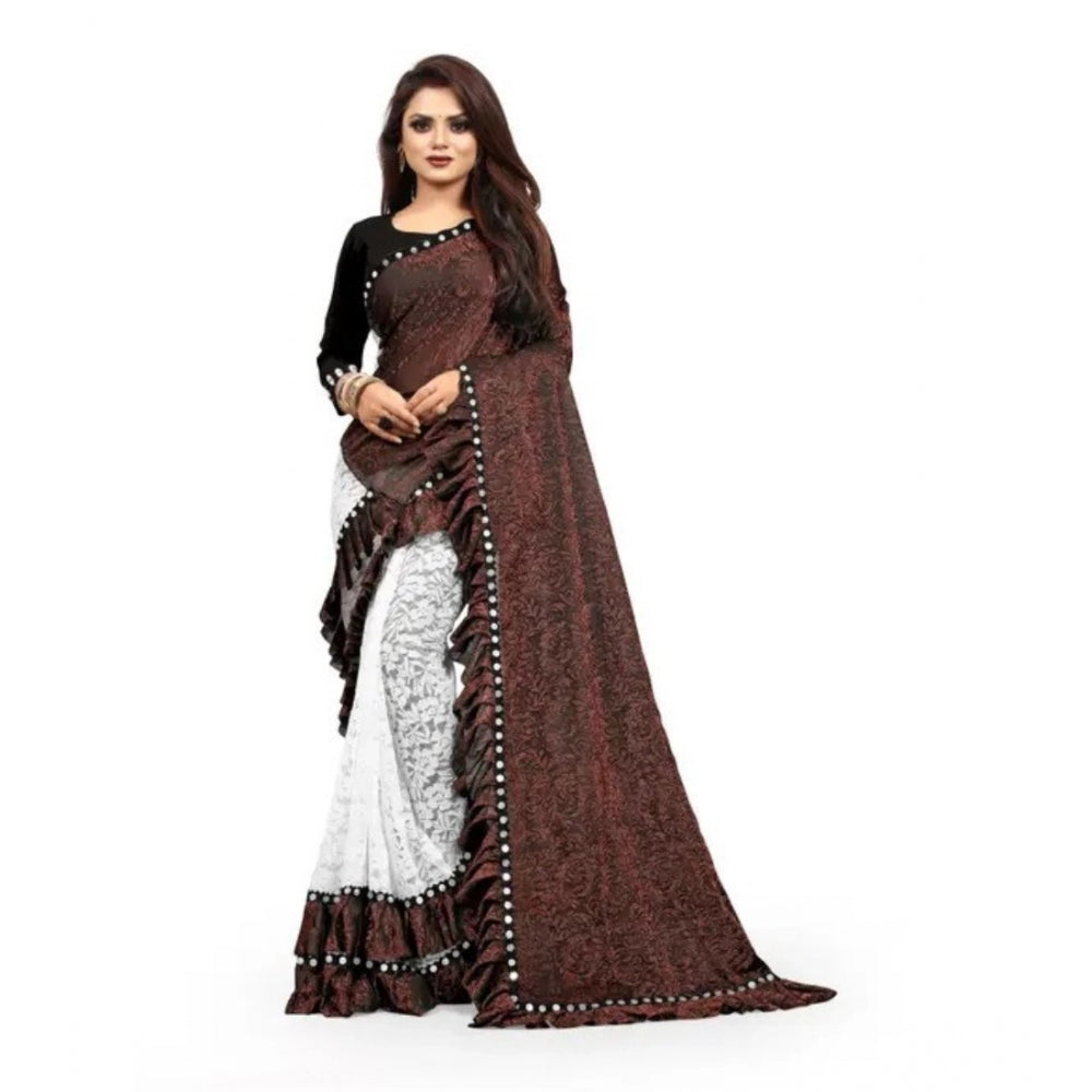 Women's Silk With Mirror Lace Solid Saree — Brown