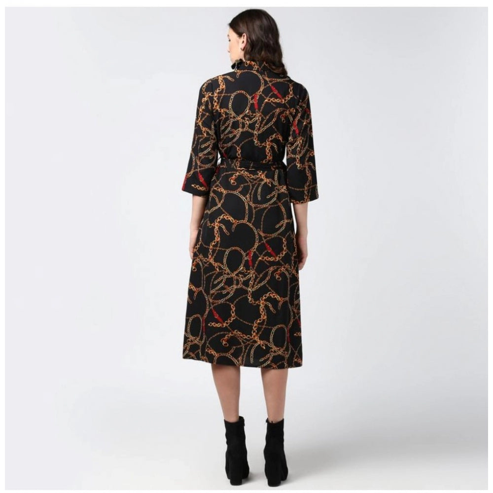 Women's Chain Print Roll Up Sleeve Below Knee Dress — Black - Yellow