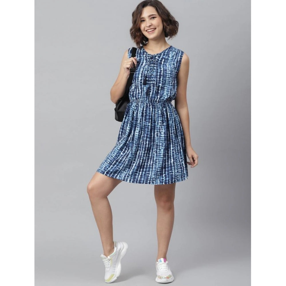 Women's Rayon Tie & Dye Sleeveless Above Knee Dress — Blue