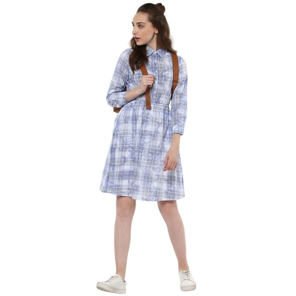 Women's Cotton Checkered Roll Up Sleeve Above Knee Dress — Blue