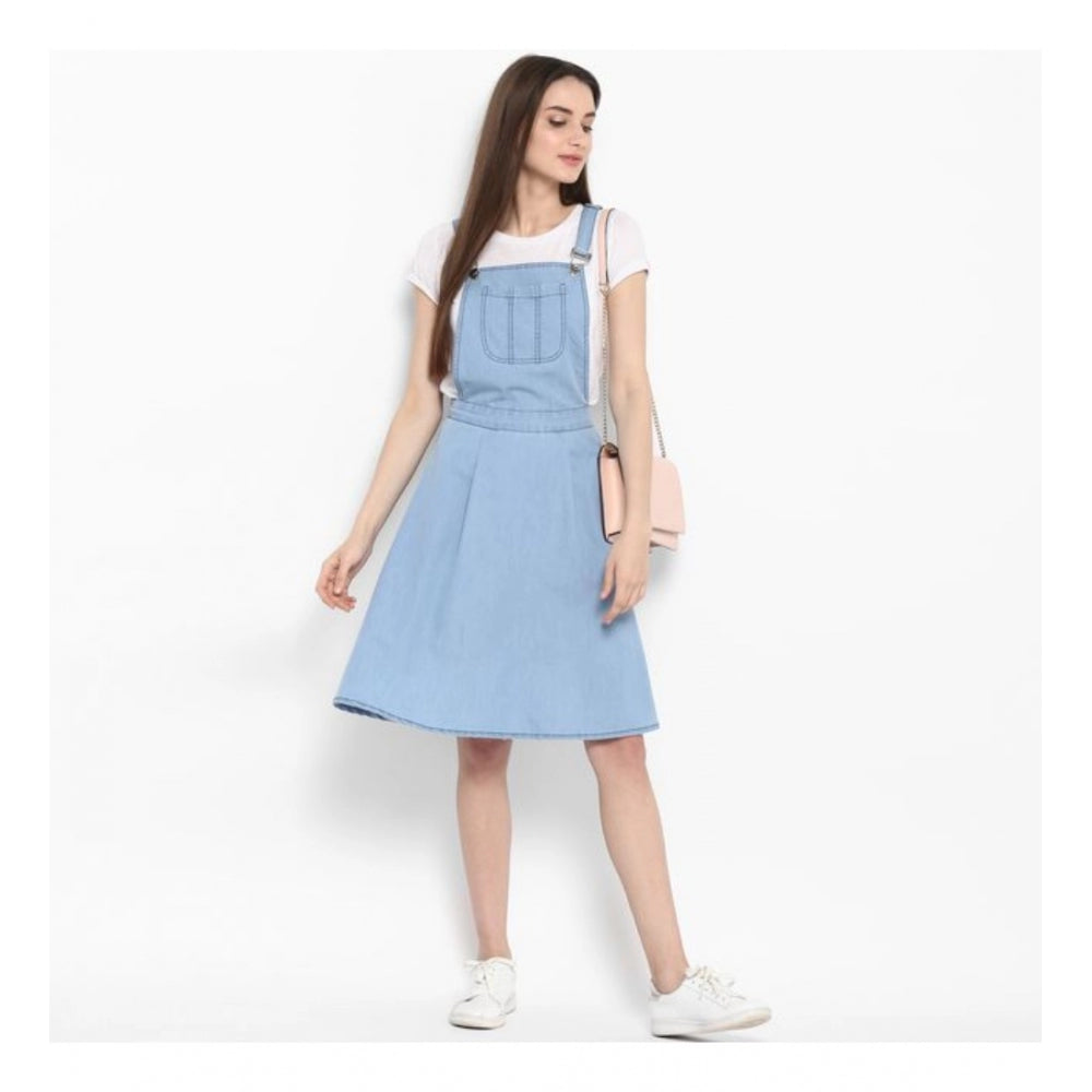 Women's Denim Solid Sleeveless Above Knee Dress — Blue · 30_L