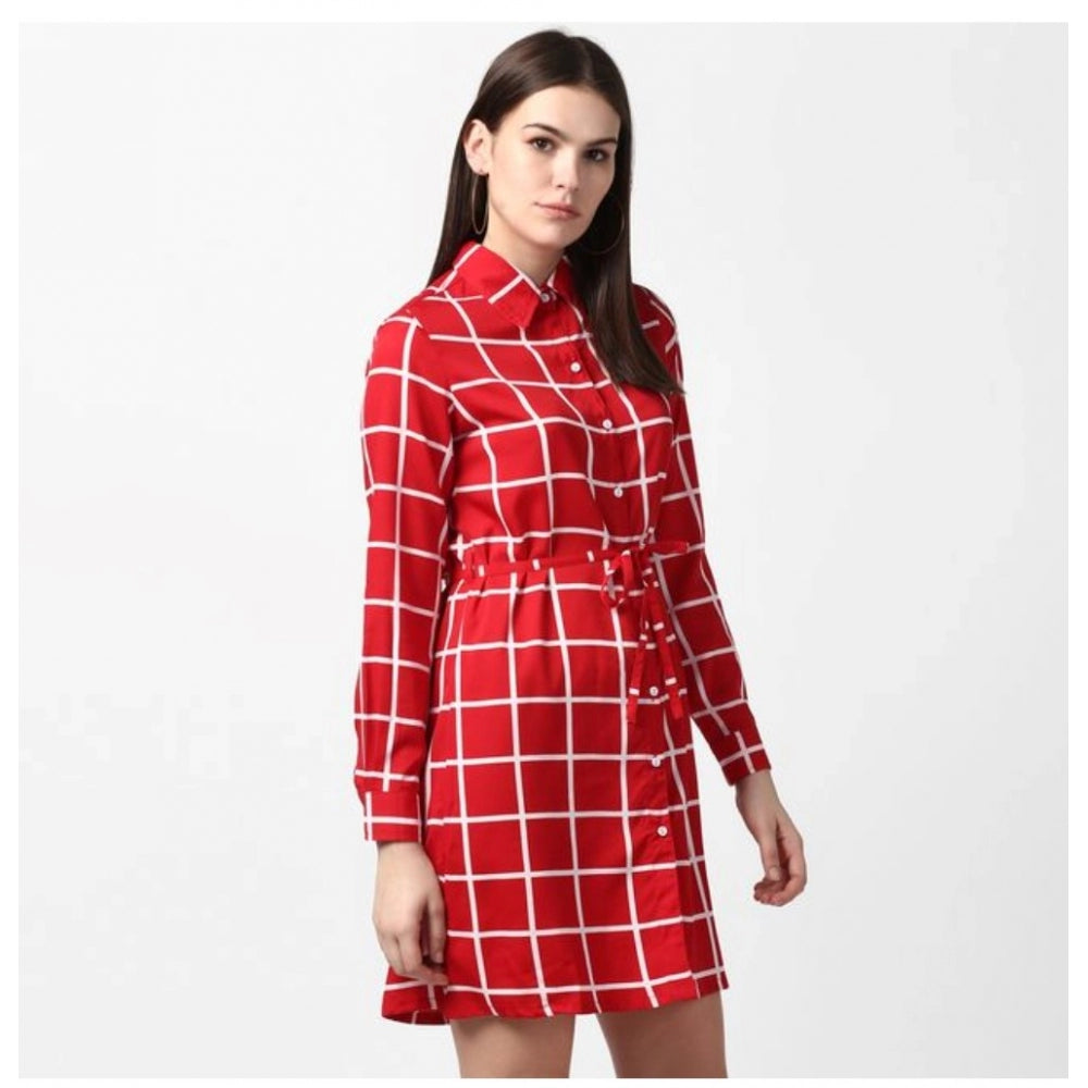 Women's Checkered Long Sleeves Above Knee Dress — Red