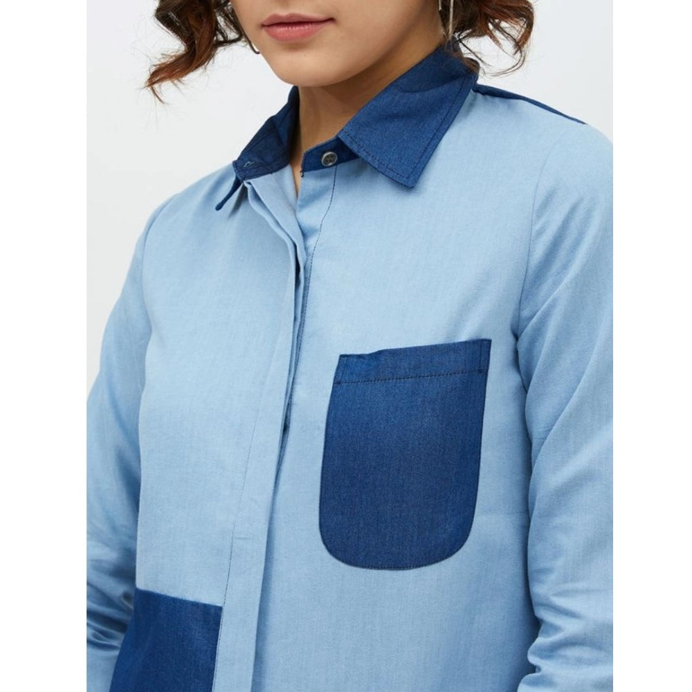 Women's Denim Patch Work Long Sleeves Standard Length Shirt — Blue