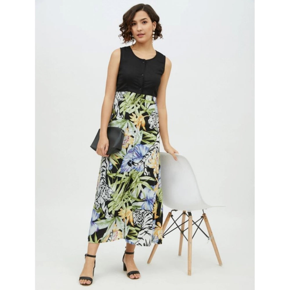 Women's Rayon Floral Sleeveless Calf-Length Dress