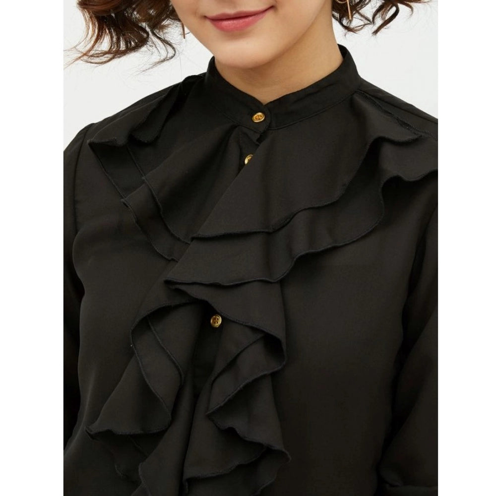 Women's Ruffled Long Sleeves Standard Length Shirt — Black