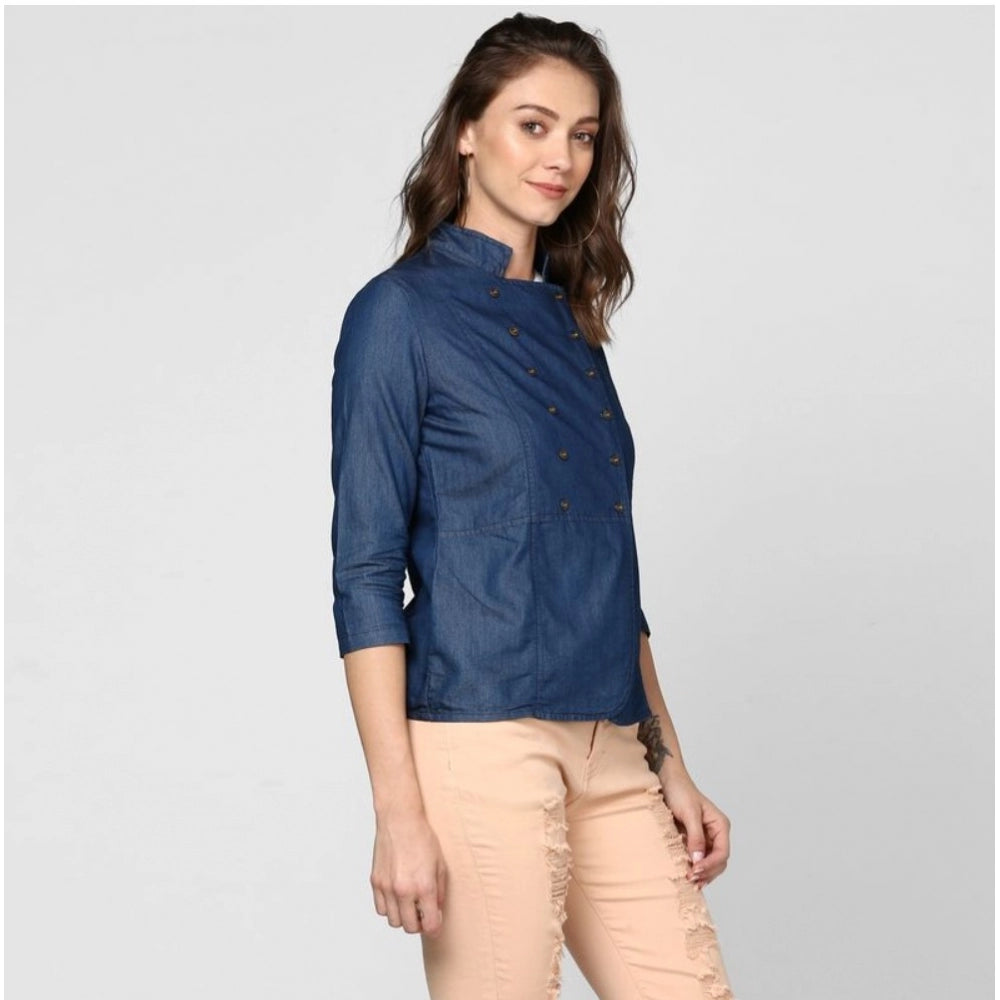 Women's Denim Solid 3-4th Sleeves Top — Blue