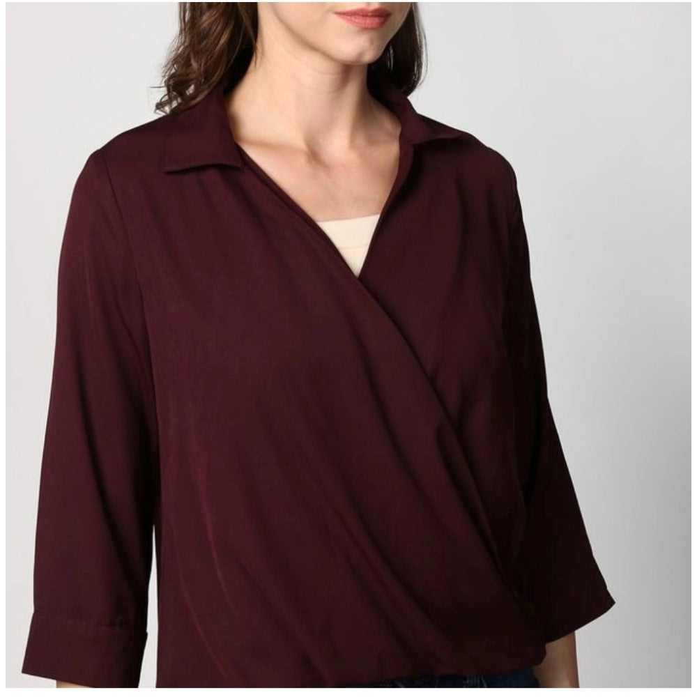 Women's Solid 3-4th Sleeves Top — Maroon