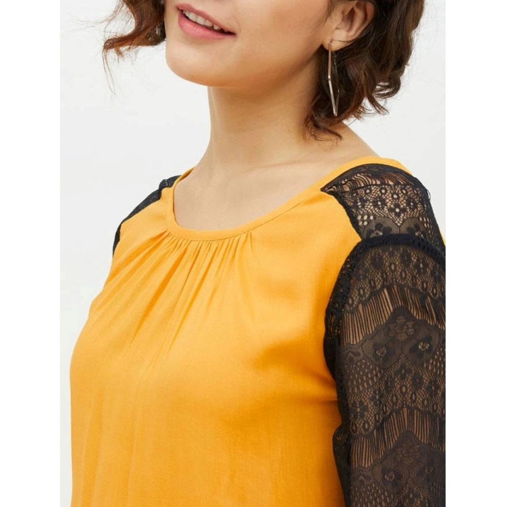 Women's Rayon Lace Inserts Long Sleeves Top — Yellow