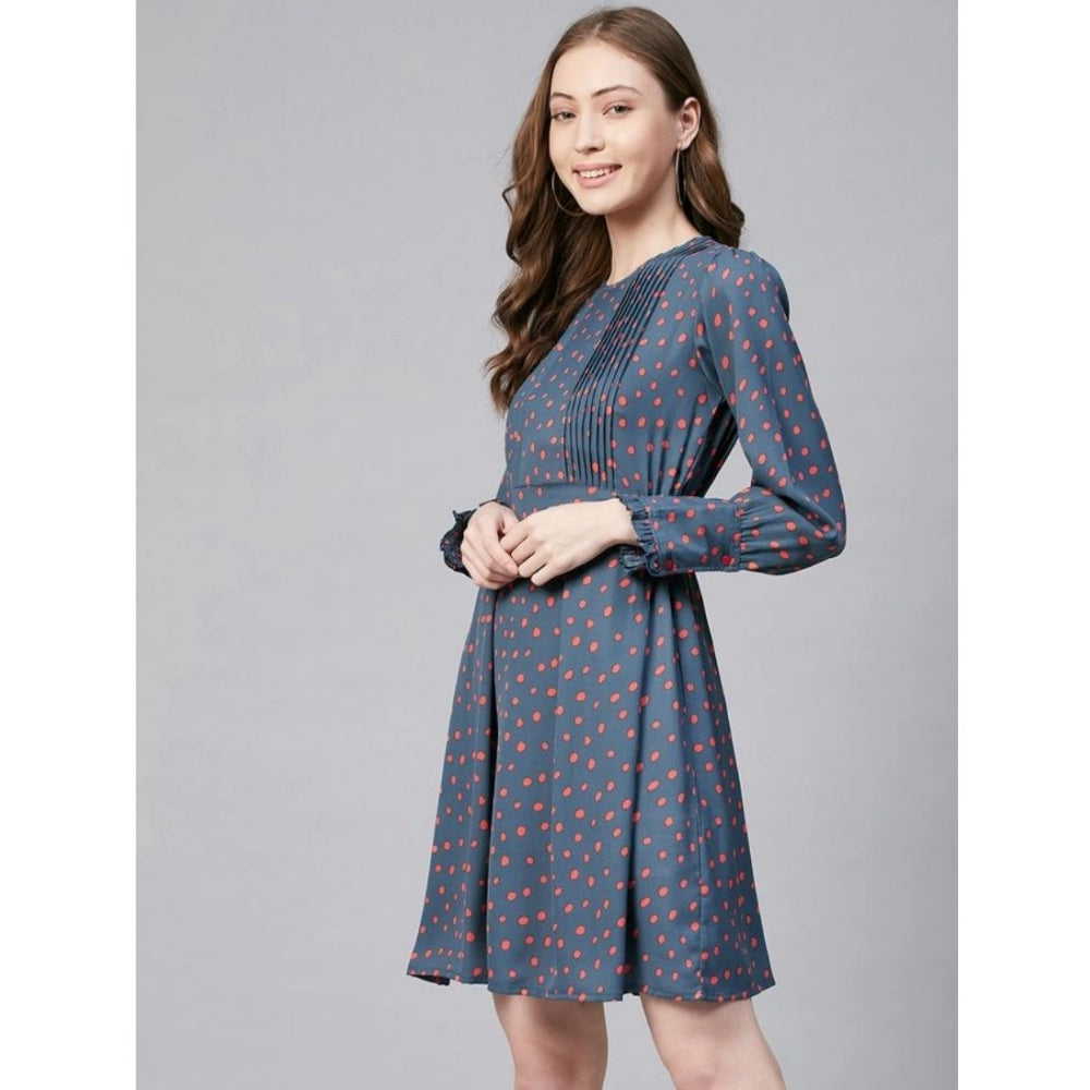 Women's Polka Long Sleeves Above Knee Dress — Grey - Coral