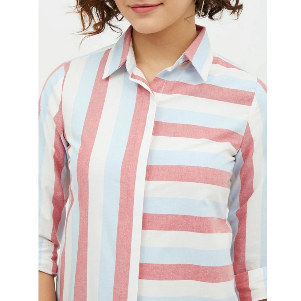 Women's Cotton Striped Long Sleeves Standard Length Shirt — Pink