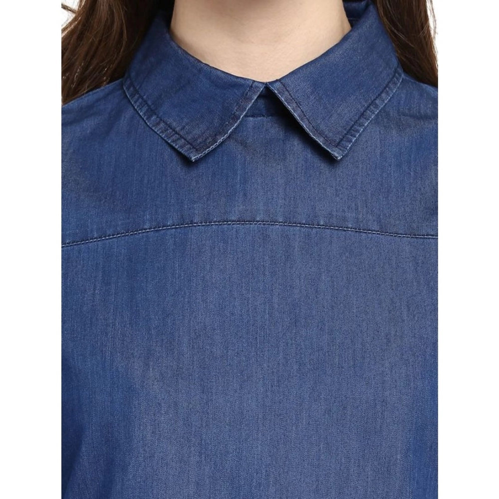 Women's Denim Solid Cold Shoulder Regular Top — Blue