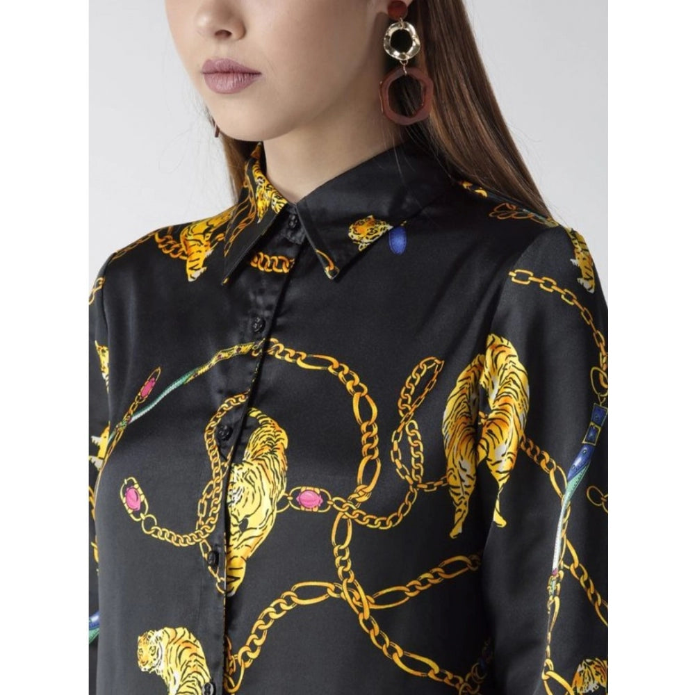 Women's Satin Printed Long Sleeves Standard Length Shirt — Black - Gold