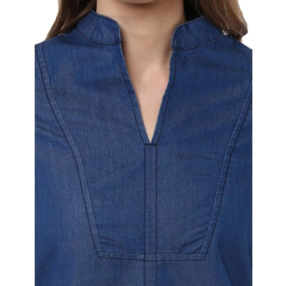 Women's Denim Solid Bell Sleeve Regular Top — Blue Denim