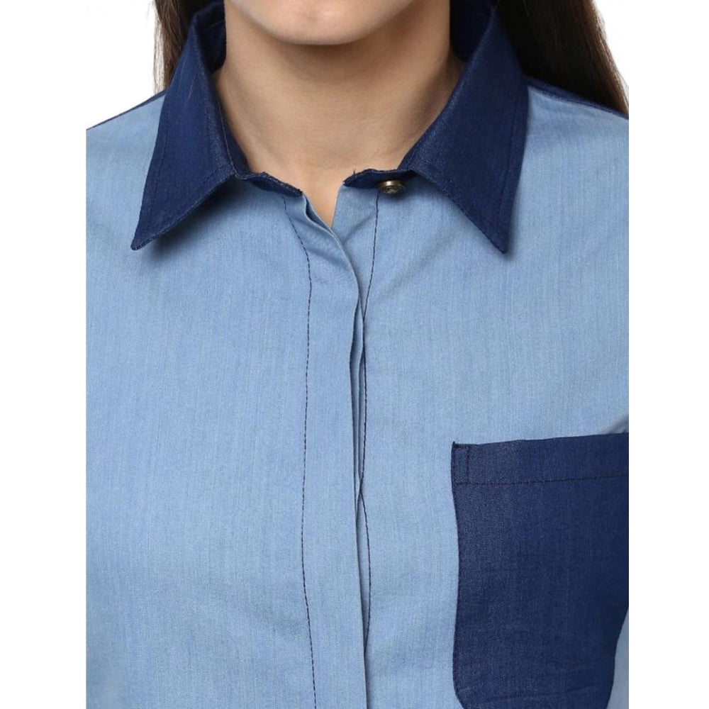 Women's Denim Patch Work Long Sleeves Regular Top — Blue