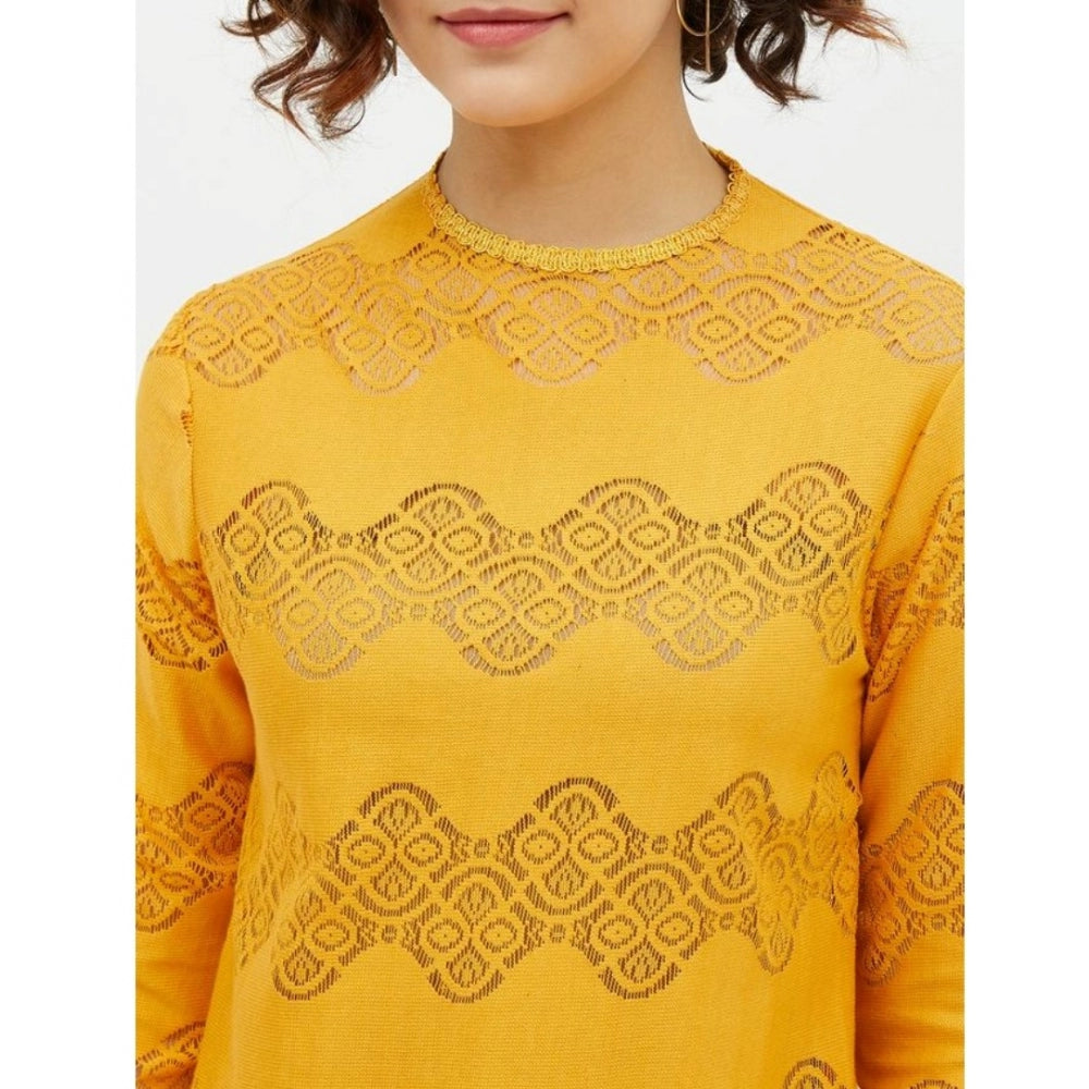 Women's Cotton Lace Inserts Long Sleeves Top — Yellow
